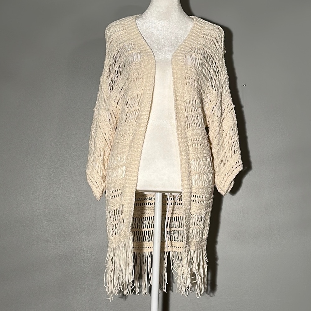 American Eagle Cream Cardigan Sweater with Fringe Detail, Size Medium